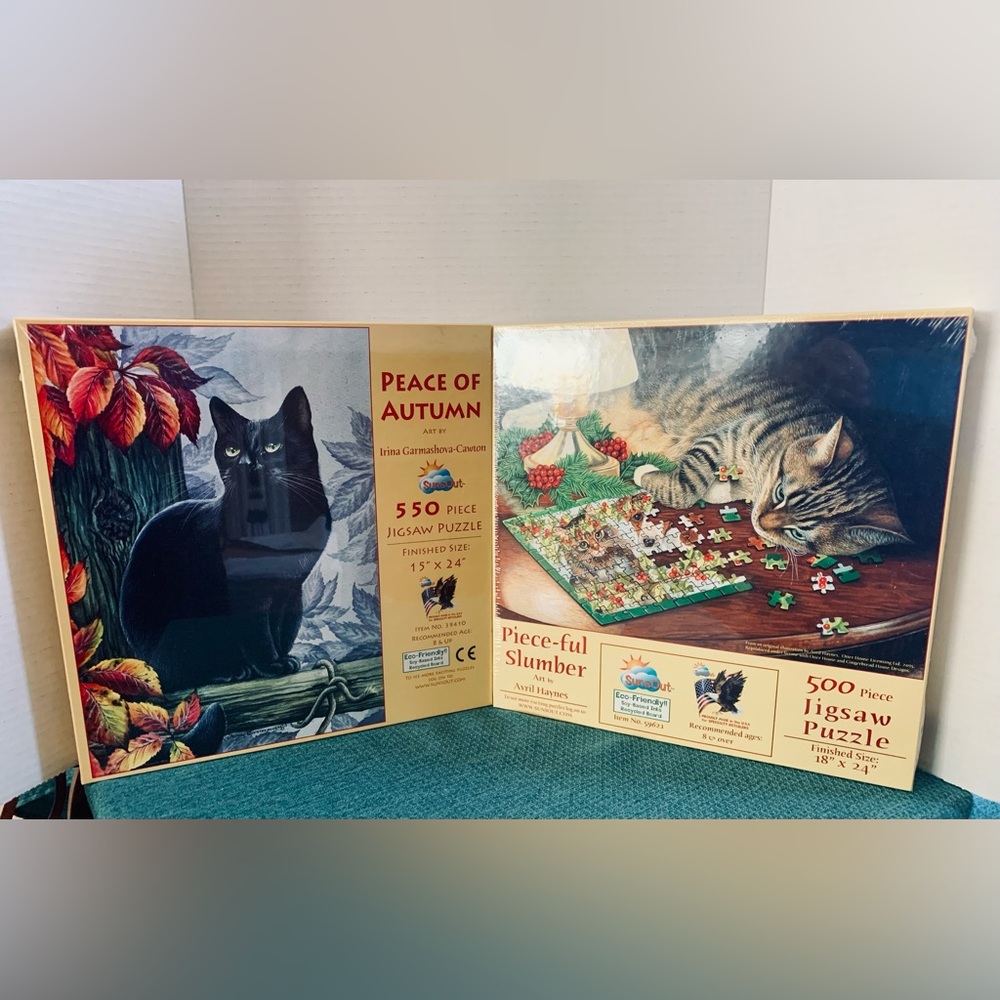 2 SunsOut puzzles brand new! 550 pc Peace of Autumn and 500 Piece-ful Slumber